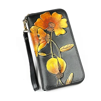 Natūralios odos piniginės moterims gėlių moterų rankinėje ilgai nekilnojamojo odos sankabos pinigų maišas, prabangos prekės ponios piniginės ir rankinės