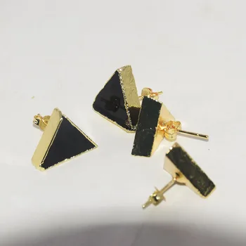 Natūralus Juodas Obsidianas Akmens trikampis stud auskarai moterų 2020 m. pakabukai paauksuoti bezel gem akmenys, juvelyriniai dirbiniai moterų puikus