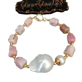 Natūralus Rožinis Opalas grynuolis Grubus Balta Keshi Perlų, aukso spalvos, padengtą karoliukų Apyrankę 8