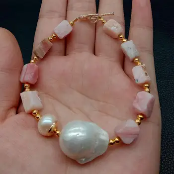 Natūralus Rožinis Opalas grynuolis Grubus Balta Keshi Perlų, aukso spalvos, padengtą karoliukų Apyrankę 8