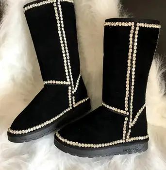 Nauja Europos stotis prabangus rankų darbo vėjo odos vamzdis didelis vamzdis sniego batai moteriška medvilnės batai ranka prisiūta gręžimo paprasta juoda