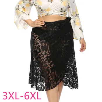 Nauja pavasario vasaros plius dydis midi sijonas moterims didelis atsitiktinis palaidų nėriniais, skaidrus scollop sijonai diržo juoda 4XL 5XL 6XL