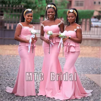 Nauja Rožinė Undinė Bridesmaid Dresses Afrikos Moterų Appliques Elastingos Satino Plius Dydžio Kambarinės Garbės Suknelė Pigūs Šalies Chalatai