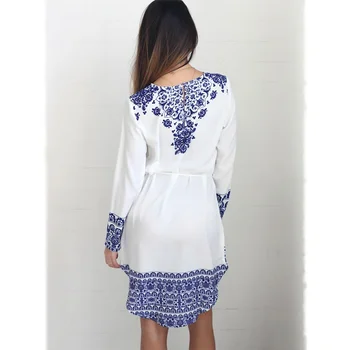 Nauja Vasaros Stiliaus Balta Mėlyna Porceliano Ilgomis Rankovėmis Prarasti Atsitiktinis Mini Skylutę Atgal Hem Plytelių Spaudinių Plius Dydis Paplūdimio Vestido Suknelė