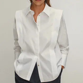 Naujas 2021 Moterys Tiesiog Stiliaus Balta Palaidinė Mygtukų Apdaila Atsitiktinis Biuro Panele, Marškiniai, Elegantiškos Blusas Viršūnės