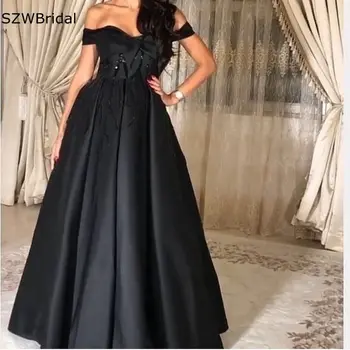 Naujas Atvykimo Satin A-Line Black Oficialią suknelės moterims, 2021 nuo peties Skraiste soiree dubajus Vakare chalatai, Plius dydis