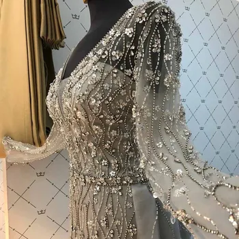 Naujas Atvykimo Sidabro Vakaro Suknelės Elegantiškas V-Kaklo, Ilgomis Rankovėmis Tiulio Krištolo Karoliukai Oficialų Suknelė Šalies Moterų Vakare Gown Undinė