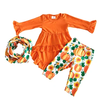 Naujas atvykimo vaikai patenka 3 gabalus drabužiai, kūdikių mergaitės, oranžinė viršų ir moliūgų kelnes apranga su skara mergina Halloween apranga