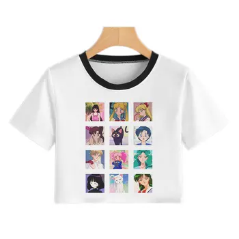 Naujas Mados Sailor Moon Vasaros T-Shirt Moterims, Harajuku Trumpas Rankovės Įdomus Ulzzang Marškinėliai Cute Kačių Marškinėlius Animacinių Filmų Top Tees Moteris