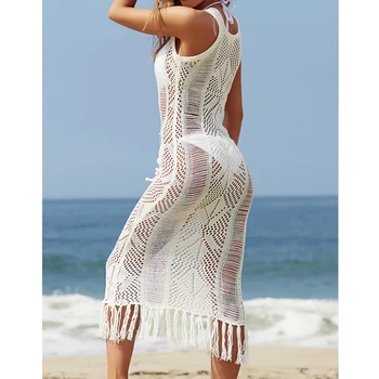 Naujas Megztas Long Beach Suknelė, Paplūdimio Cover up Chalatas de Plage 2021 Kutas maudymosi kostiumėlį Padengti iki Pareo Paplūdimio Tunika Paplūdimio Suknelė