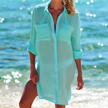 Naujas Paplūdimio Cover up skraiste Plage Kišenėje maudymosi kostiumėlį Padengti iki Sarongas Paplūdimys Marškinėliai Topai Maudymosi Kostiumą Moterų Paplūdimio Pareo Tunika #Q469