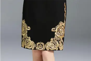 Naujausias 2020 M. Aukštos Kokybės Pavasarį Plus Size Juoda Suknelė Moterims Kilimo Ir Tūpimo Tako Aukso Siuvinėjimai Ilgomis Rankovėmis Elegantiškas Midi Šalis Suknelė Vestidos