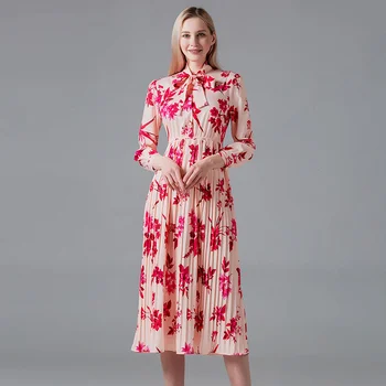 Naujausias Moterys, Pink Gėlių Spausdinti Šalis Suknelė 2020 Metų Vasaros kilimo ir tūpimo Tako Lankas Apykakle ilgomis Rankovėmis Elastinga juosmens Plisuotos Suknelės