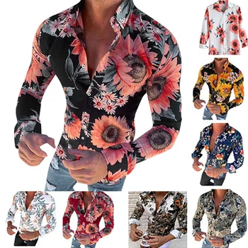 Naujausius Dizaino ilgomis Rankovėmis Rudenį Atsitiktinis Mygtuką Žemyn vyriški Marškinėliai Topai Mados Atostogas Havajuose, Juodos spalvos Gėlių Spausdinti Marškinėliai Vyrams