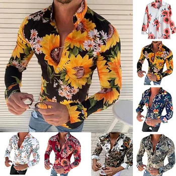 Naujausius Dizaino ilgomis Rankovėmis Rudenį Atsitiktinis Mygtuką Žemyn vyriški Marškinėliai Topai Mados Atostogas Havajuose, Juodos spalvos Gėlių Spausdinti Marškinėliai Vyrams