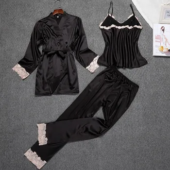 NAUJI Moteriški Dirželis Viršuje Kelnės Kostiumas Nakties Skraiste Sleepwear Pižama Kimono Vonia Suknelė Atsitiktinis 3pcs Miego Nustatyti Rudenį, naktiniai drabužiai Rinkiniai, M, L, XL