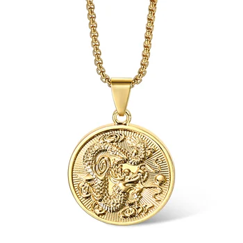 Naujų Senovinių Aukso Spalvos Apvalios Kinijos Etninės Zodiako Dragon Pakabukas Karoliai Langelyje Grandinės Talismanas Ornamentas, Juvelyriniai dirbiniai Didmeninė GP427