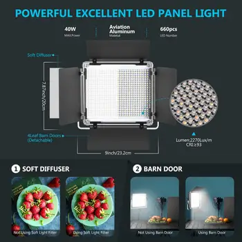 Neewer 660 LED Vaizdo Šviesos, 40W, APP Kontrolės, Fotografija, Vaizdo, Apšvietimo Komplektas, Žibintas Stovi, Difuzorius Studija 
