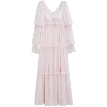 Nemokamas Pristatymas 2019 Naujas Princesė Baltos ir Rožinės spalvos Ilgą Pižamos Nėrinių Pižamą Moterų Modalinis Sleepwear Ponios pijamas femininos
