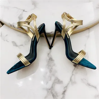 Nemokamas pristatymas mados blue velvet aukso Sagtis wrap strappy aukštakulniai sandalai, batai 10cm