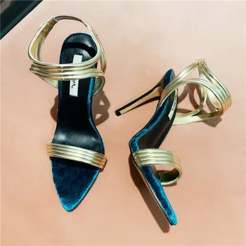 Nemokamas pristatymas mados blue velvet aukso Sagtis wrap strappy aukštakulniai sandalai, batai 10cm