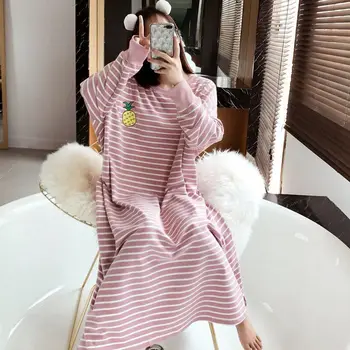 Nightgowns Moterų Dryžuotas Rudenį Sleepshirts Korėjos Stiliaus Atsitiktinis Palaidų Plius Dydis Mielas Nėščia Madinga Negabaritinių Paprasta Ulzzang