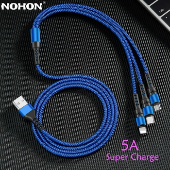 Nohon 5A 3 in 1 USB Cable for iPhone Įkroviklio Greito Įkrovimo Micro USB C Tipo Kabelis Xiaomi 8 Pin Lightning Laidą