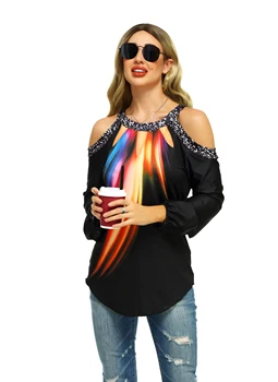 Nuo Peties Seksualus, Juodos spalvos Marškinėlius Moterims Polar Lights Spausdinti ilgomis Rankovėmis Marškinėliai Viršuje Moterų Plius Dydis Drabužių S-5XL 3D Marškinėliai