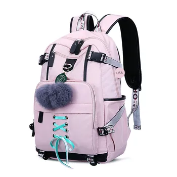 OKKID vidurinės mokyklos maišeliai paauglių mergaičių, didelis mokyklos kuprinė moteriška kelionės laptop backpack 15.6 usb įkrovos maišelio pliušinis kamuolys dovanų