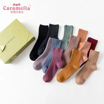 Originalus Caramella Kojinės 12Pairs/Daug Mados Moterų Kojinės vientisos Spalvos Medvilnės Trumpos Kojinės Žiemą, Rudenį Mergaičių Stiliaus Kojinės Box Set