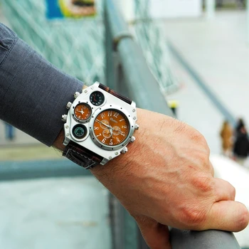 Oulm Sporto Laikrodžiai Super Didelis Stiliaus Kvarcinis Žiūrėti Vyrų Dvejopo Laiko Zonoje Dekoratyvinis Termometras, Kompasas PU Vyrų Laikrodis