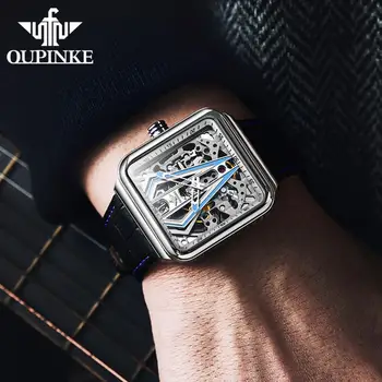 OUPINKE Automatinis laikrodis Vyrams, Skeletas, Mechaninė Žiūrėti Steampunk Sapphire Kristalas Aikštėje Odos Skaidrus sporto Laikrodis