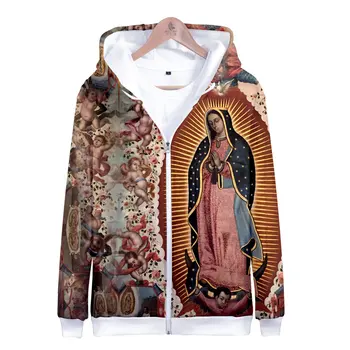 Our Lady Of Gvadalupės Mergelės Marijos Katalikų Meksika Kokybės Paltai Hoodie Palaidinukė 3D projektavimo ilgomis Rankovėmis Užtrauktuką Gobtuvu Striukė 4XL