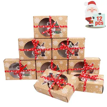 OurWarm 12pcs Kalėdų Slapukas Dovanų Dėžutės Naujųjų Metų Džiaugtis Dėžės su Aiškiai Langą Kraft Popieriaus Dėžės Saldainių Menų Pakuotės Dėžutė