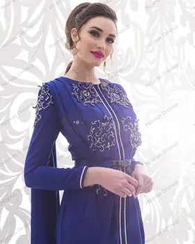 Pagal Užsakymą Pagaminti Mėlyna Maroko Kaftan Vakarą Suknelę, O Kaklo, Ilgomis Rankovėmis Karoliukai Dubajus Arabija Promenadzie Suknelė Su Žaliuoju Musulmonų Suknelės