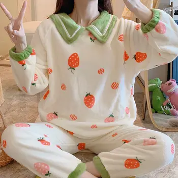 Pajama Komplektai Moterų Flanelė Rudens-žiemos Naujas korėjiečių stiliaus Moteriški Turn-žemyn Apykaklės Pajama-nustatyti Homewear Patogus Laisvalaikio Šiltas