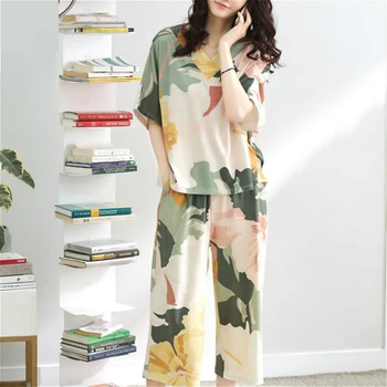 Pajama Komplektai Moterų Vasaros korėjos Elegantiškas, Minkštas Atsitiktinis Moterų Spausdinimo Pižama V-Kaklo Mados Medvilnės Lady Sleepwear Didelis Dydis 4XL