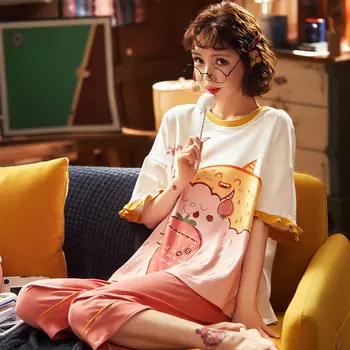 Pajama Komplektai Moterų Vasaros korėjos Elegantiškas, Minkštas Atsitiktinis Moterų Spausdinimo Pižama V-Kaklo Mados Medvilnės Lady Sleepwear Didelis Dydis 4XL