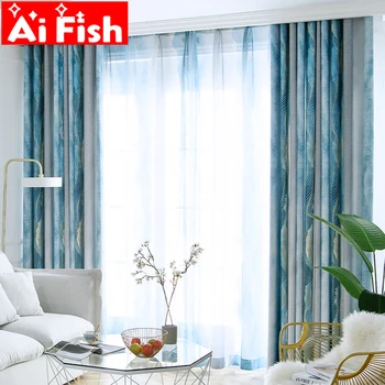 Paprasta bohemiškas stilius gradientas mėlyna dryžuotas su lapų namų tekstūros užuolaidas kambarį aukštos kokybės blackout miegamasis MY450#4