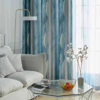 Paprasta bohemiškas stilius gradientas mėlyna dryžuotas su lapų namų tekstūros užuolaidas kambarį aukštos kokybės blackout miegamasis MY450#4