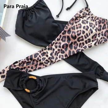 Para Praia Seksualus Tvarstis Bikini Moterims maudymosi Kostiumėliai, Juoda, Leopardas Vasaros Paplūdimio Cross Wrap Moterų maudymosi kostiumėlį 2020 Push up Bikini Komplektas