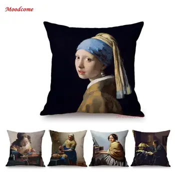 Pasaulyje Garsaus Aliejaus Tapybai Johannes Vermeer Mergina Su Perlo Auskaru, Kad Milkmaid Aliejaus Tapybai Sofos Pagalvės Užvalkalą Pagalvėlė Padengti
