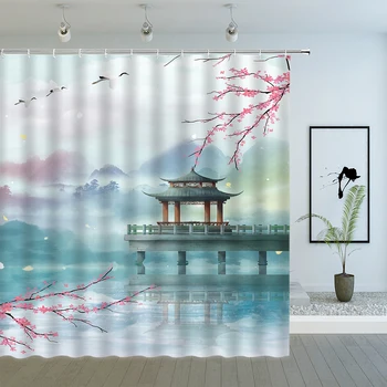 Pavasario Kraštovaizdžio Dušo Užuolaidos Pink Gėlių Ežero Pavilion Gamtos Peizažai Kinų Stiliaus Vonios Kambarys Dekoro Vandeniui Audinio Užuolaidos