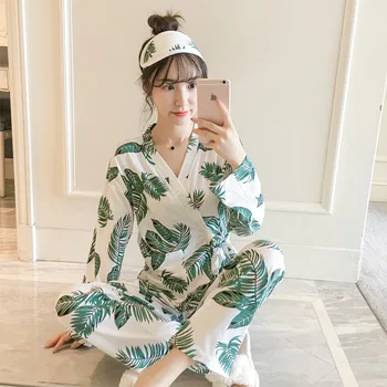 Pavasarį Ir Rudenį Kimono Pižama Yukata Moterų Sleepwear ilgomis rankovėmis Kelnės Pieno Šilko Prarasti Flamingo Namų Paslauga Kostiumas