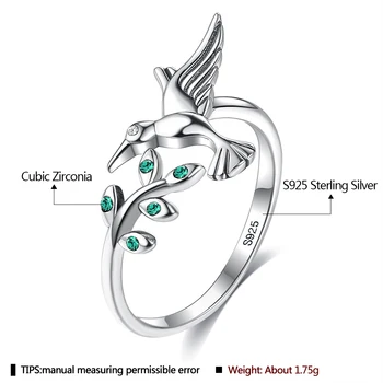 PFHOO Autentiški Sidabro 925 Papuošalai Paukščio ir Medžio Lapai Atidarykite Reguliuojamas Pirštų Žiedai Moterims Žalia Kubinių Zirconia Žiedas
