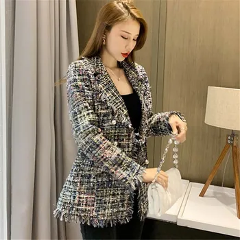 Pledas Tvido Švarkai Moterų Įpjovomis Kutas Derliaus Vilnos Paltai Korėjos Elegantiškas Aukšto Juosmens Perlų Mygtukai Rudens Žiemos Outwear B366