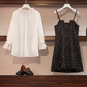 Plus size office lady elegantiškas dviejų dalių suknelė rudenį 2019 mados ilgomis rankovėmis balta palaidinė ir ponios tvido pledas mini suknelė