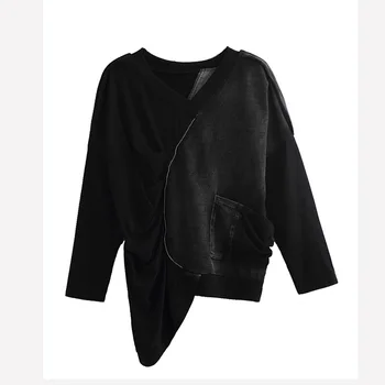 Ponios prarasti didelio dydžio moterų naujos V-kaklo marškinėliai prarasti šikšnosparnių rankovėmis marškinėlius kalyte juodos spalvos, ilgomis rankovėmis nesimetriškas marškinėliai