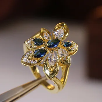 Prabanga Moterų Kristalų Mėlyna Akmens Žiedas, Žavesio Geltonos Aukso Spalvos Vestuviniai Žiedai Moterims Mielas Žada Gėlių Vestuvinis Žiedas