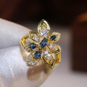 Prabanga Moterų Kristalų Mėlyna Akmens Žiedas, Žavesio Geltonos Aukso Spalvos Vestuviniai Žiedai Moterims Mielas Žada Gėlių Vestuvinis Žiedas